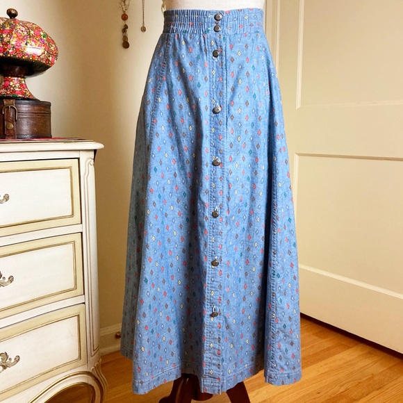 Vintage Dresses & Skirts - Vintage High Waist Button Midi Chambray Skirt M
